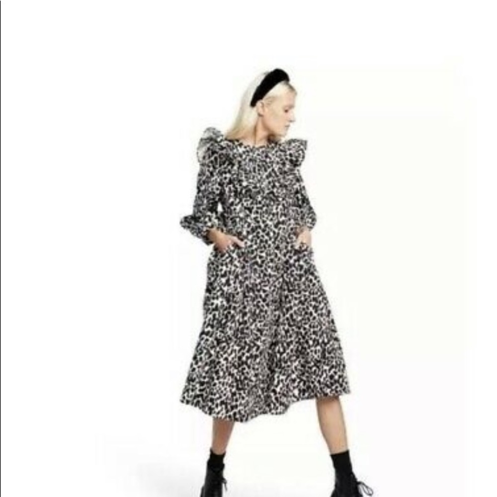 SANDY LIANG black and white cow print cotton midi ruffle size small NWT